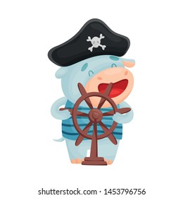 Cute hippo pirate. Vector illustration on white background.