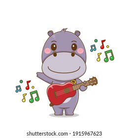 Cute hippo playing guitar mascot vector design illustration