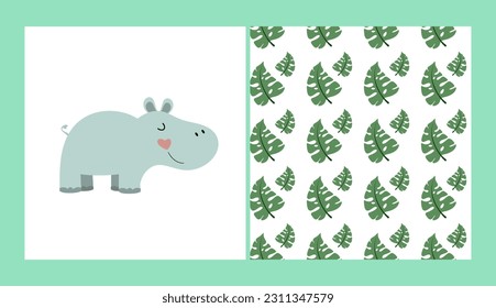 Cute hippo poster for kids. Pattern with leaves. Suitable for wrapping paper, wallpaper and textiles.