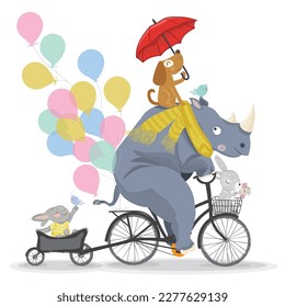 Hipódromo y conejo con bicicleta. Circo muestra la ilustración. Gráficos de camisetas. Animales en bicicletas de cosecha. Caricatura para niños. Impresiones, tarjetas de felicitación, obras de arte textil. Patrón animal.