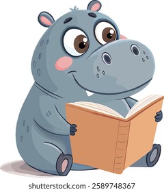 Cute Hippo Reading a Book Character Isolated on a White Background