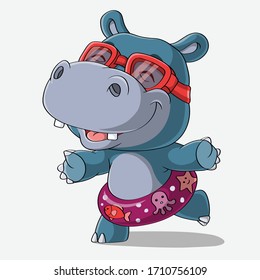 Cute hippo ready to swimming, Hand drawn