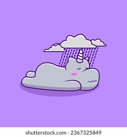 Cute Hippo Sadness With Raining Cloud Cartoon Vector Icons Illustration. Flat Cartoon Concept. Suitable for any creative project.
