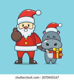 Cute hippo with santa claus. Cute christmas cartoon illustration.