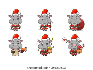 cute hippo set, animal character bundles in santa costumes, animals wearing christmas costumes. cartoon in kawaii style, chibi mascot. very suitable for Christmas content. for adult or child