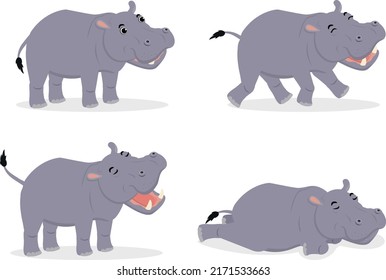 Cute hippo set, running, yawning, laying down hippo