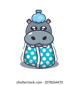 Cute hippo sick. Cute animal cartoon illustration.