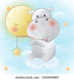 Cute hippo sit on the clouds fishing star