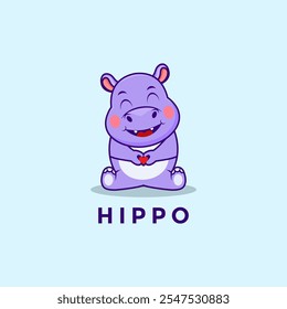 Hippo bonito sentado e mãos formando ícone de vetor de amor, ícone de desenho animado hipo logotipo vetor modelo