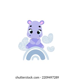 Cute hippo sitting on a rainbow. Vector print for children room, fabric, paper, greeting card, postcard, card, t shirt, poster, textile. Vector illustration