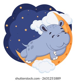 Cute hippo sleeping on the moon with clouds