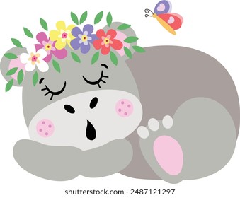 Cute hippo sleeping with wreath floral on head
