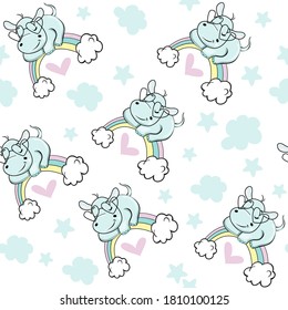 Cute hippo sleeps on a rainbow. Vector illustration for children seamless pattern