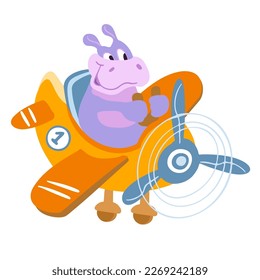 Cute hippo with smile on plane. Cartoon character for design.  Vector isolated illustration on white background. Transport and air racing. 