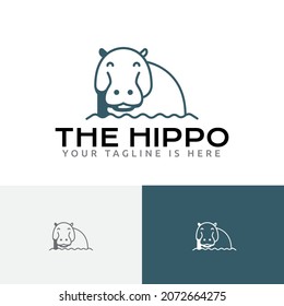 Cute Hippo Smiling Bathing Africa Animal Zoo Logo