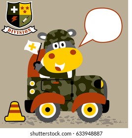 Cute hippo in soldier uniform driving military car, vector cartoon illustration