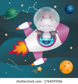 Cute hippo in the space galaxy. vector illustration