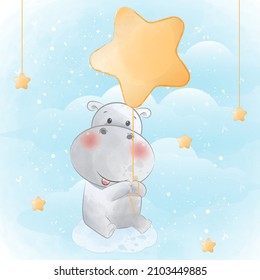 Cute hippo with star balloon for print and baby shower