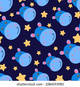 Cute hippo and stars, seamless pattern of a hippopotamus. For children's textiles, clothes. Vector illustration