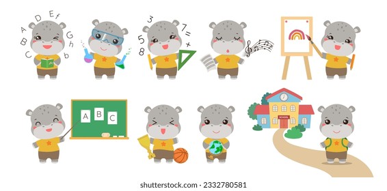 Cute hippo student school children vector. Animal character design for preschool workbook illustration, kids educational game, stationery print, elementary school mascot. Kawaii hippopotamus chibi.