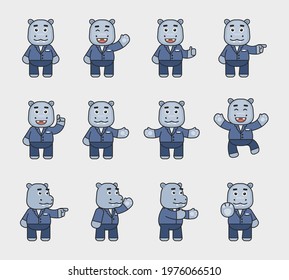 Cute hippo in suit mascot showing various hand gestures set. Cheerful hippopotamus pointing, greeting, showing thumb up, stop sign and other gestures. Modern vector illustration