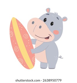 Cute hippo with surfboard, animal funny character. Flat vector illustration in a simple children's style