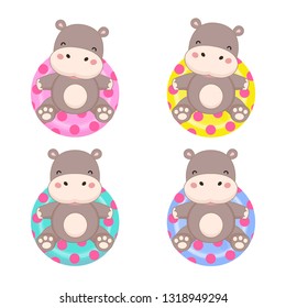 Cute Hippo in swim ring cartoon. 