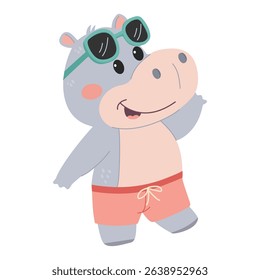 Cute hippo in swimsuit and sunglasses. Flat vector illustration in a simple children's style