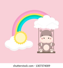 Cute Hippo swing on a rainbow. Fantasy colorful vector illustration. 