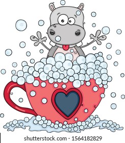 Cute hippo taking a bath on love tea cup