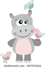 Cute hippo with three birds