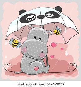 Cute Hippo and two bee with umbrella 