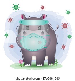 cute hippo using face shield and mask.  Covid-19,  coronavirus vector illustration