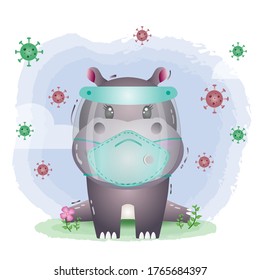 cute hippo using face shield and mask.  Covid-19,  coronavirus vector illustration