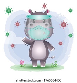 cute hippo using face shield and mask.  Covid-19,  coronavirus vector illustration