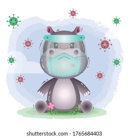 cute hippo using face shield and mask.  Covid-19,  coronavirus vector illustration