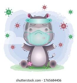 süßes Hippo mit Gesichtsschild und Maske.  Covid-19, Coronavirus, Vektorgrafik