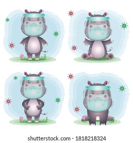 cute hippo using face shield and mask collection