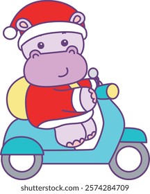 Cute hippo vector icon with christmas theme. Funny baby hippo animal christmas illustration.
Hippo santa driving a scooter