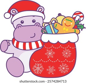 Cute hippo vector icon with christmas theme. Funny baby hippo animal christmas illustration.
A santa hippo bring a socks of gift