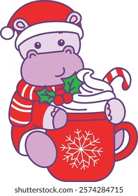 Cute hippo vector icon with christmas theme. Funny baby hippo animal christmas illustration.
Baby santa hippo bring a hot chocolate