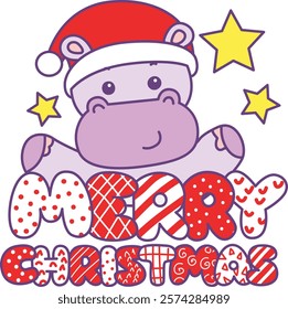 Cute hippo vector icon with christmas theme. Funny baby hippo animal christmas illustration.
Santa hippo with merry christmas text