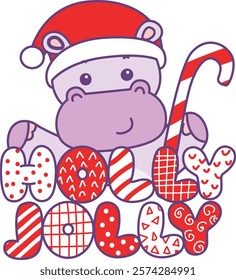 Cute hippo vector icon with christmas theme. Funny baby hippo animal christmas illustration.
Santa hippo with holly jolly text