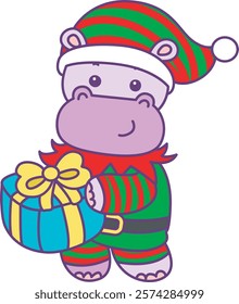 Cute hippo vector icon with christmas theme. Funny baby hippo animal christmas illustration.
Dwarf of Hippo bring a gift