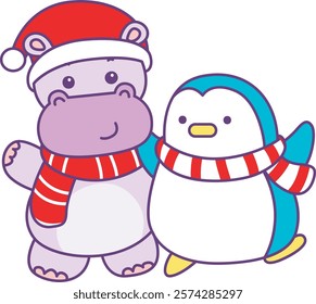 Cute hippo vector icon with christmas theme. Funny baby hippo animal christmas illustration.
Santa hippo with penguin