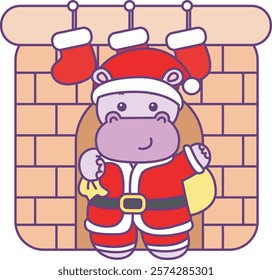 Cute hippo vector icon with christmas theme. Funny baby hippo animal christmas illustration.
Santa hippo in the fire place