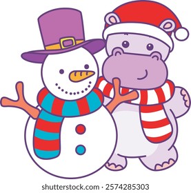 Cute hippo vector icon with christmas theme. Funny baby hippo animal christmas illustration.
Santa hippo with snowman