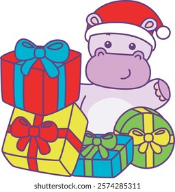 Cute hippo vector icon with christmas theme. Funny baby hippo animal christmas illustration.
Baby hippo with a lot of gift