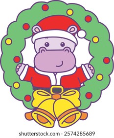 Cute hippo vector icon with christmas theme. Funny baby hippo animal christmas illustration.
Santa hippo in the decoration