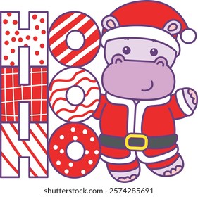 Cute hippo vector icon with christmas theme. Funny baby hippo animal christmas illustration.
Santa hippo with ho ho ho text